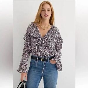 J. CREW | Ruffle Keyhole Front Crinkle Chiffon Top in Floral‎ Flourish Sz. XS